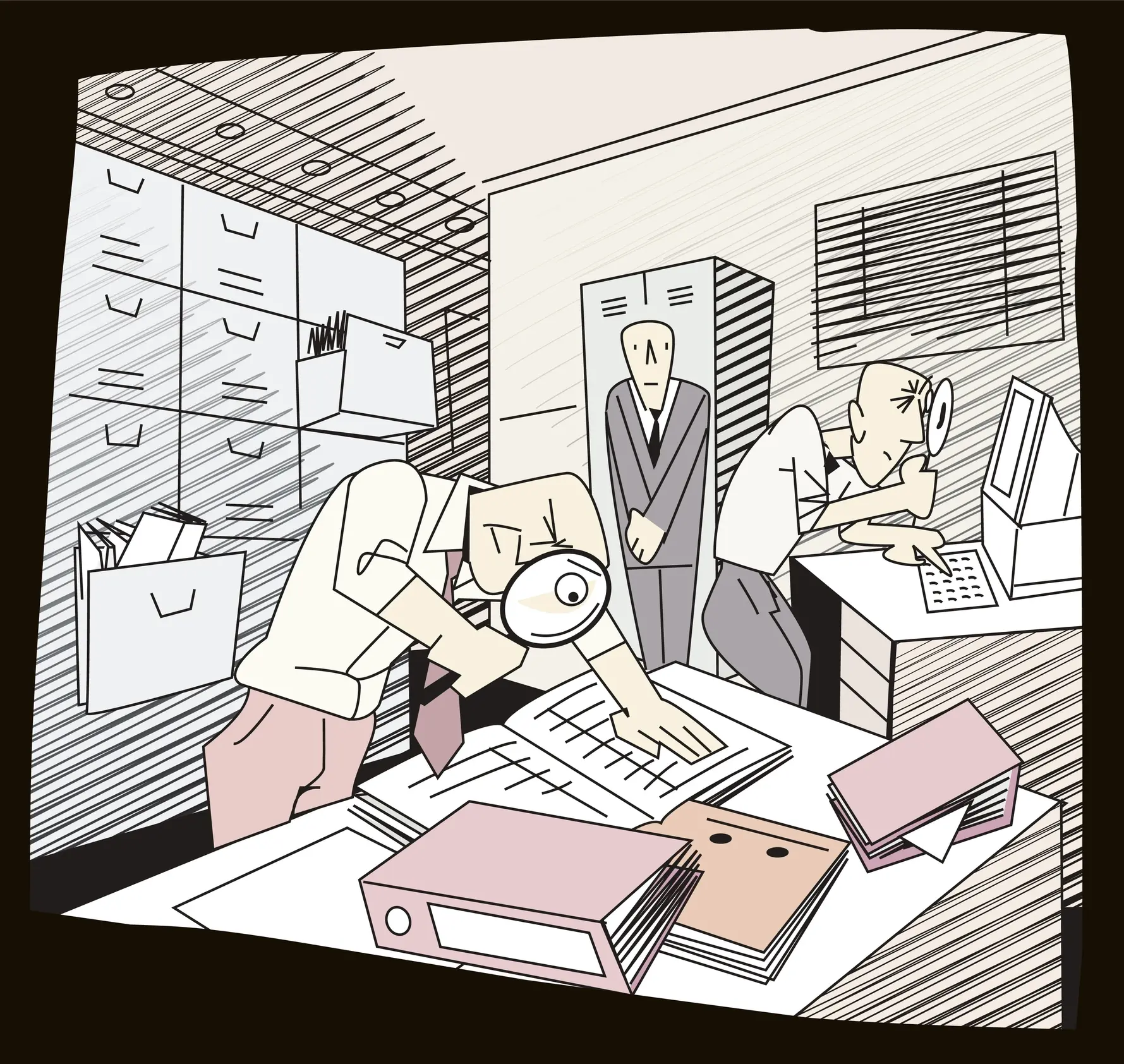 Cartoon with three figures, two figures searching a business man's office