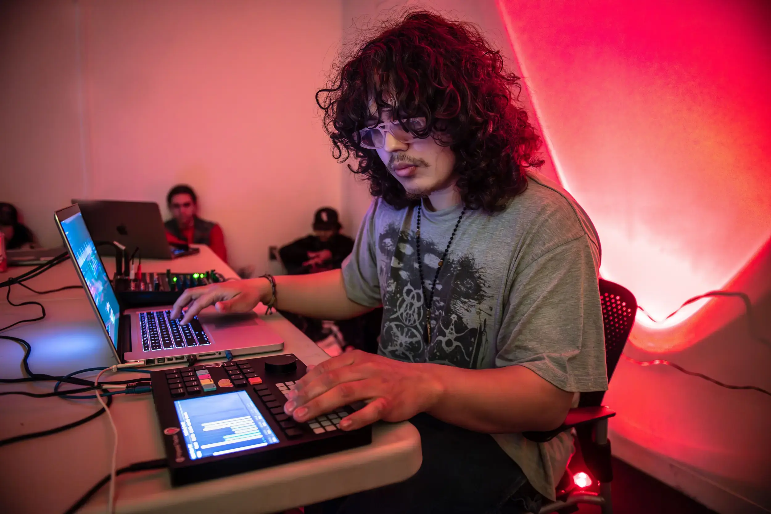 Max Biscarr, a sophomore kinetic imaging major, performs an electronic music composition that incorporates air temperature data and soil temperature data collected at the VCU Rice Rivers Center.