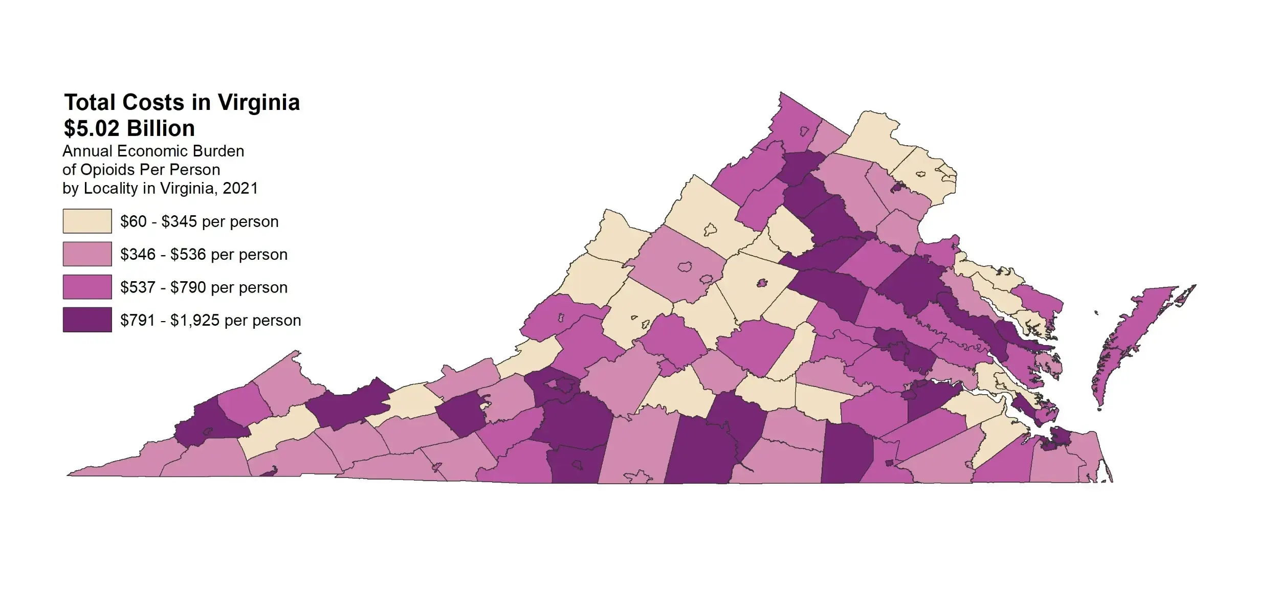 Opioid epidemic map of economic burden in Virginia