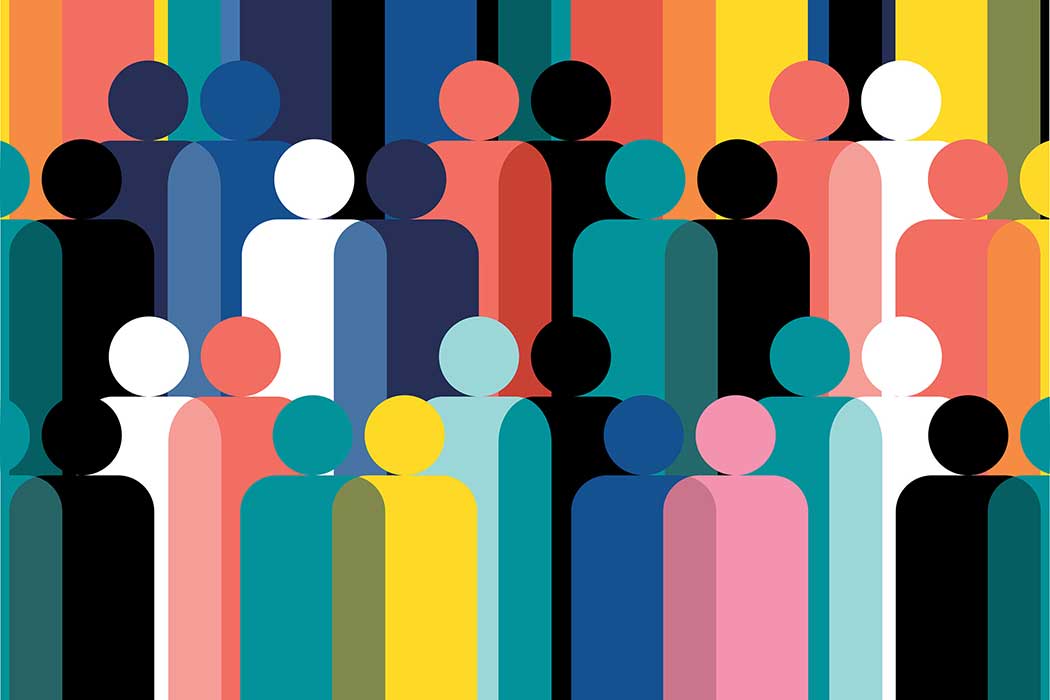 Geometric illustration of multi coloured human figures Alt/Description: Geometric illustration of multi coloured human figures