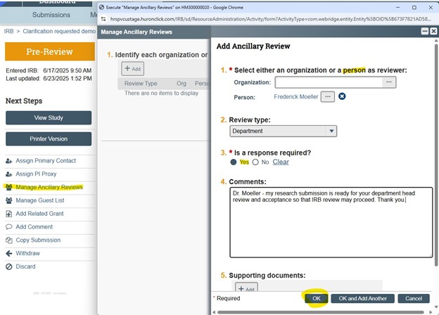 Screen shot of add Ancillary Review Activity in VIRBs